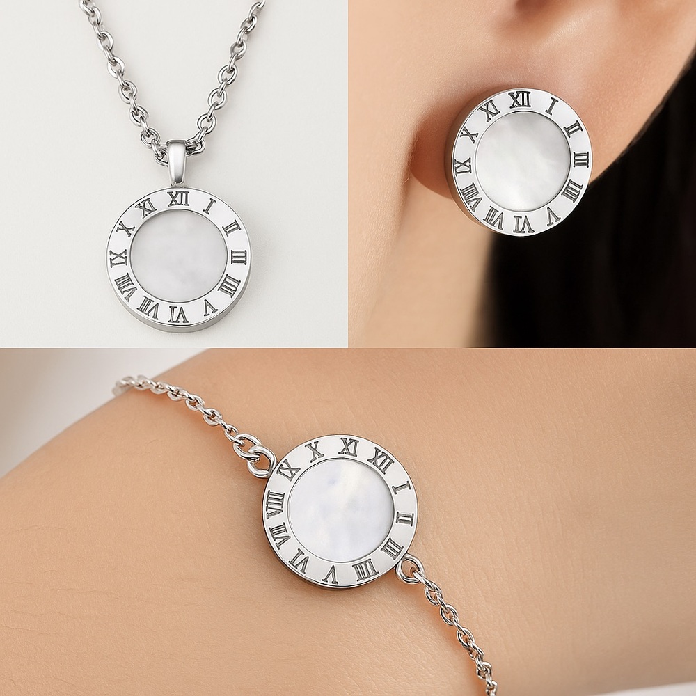 3 Pc Roman Num Reversible Stainless Steel – Necklace, Bracelet & Earrings